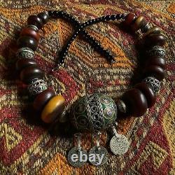Africa Silver Berber Enamel Ball Bead Amber Necklace Nomad Antique Coin Jewelry