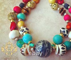 African Statement Necklace Multi Gem Turquoise Old Coral Batik Zebra Bone Beads