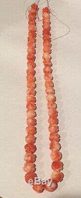 All Natural Vtg Hawaiian Angel Skin Handcarved Coral Rose Bead Necklace 50-60's