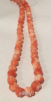 All Natural Vtg Hawaiian Angel Skin Handcarved Coral Rose Bead Necklace 50-60's