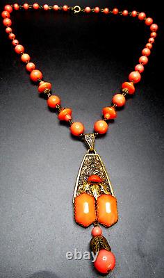 Amazing Coral Orange Glass Bead Czech Antique Necklace