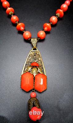 Amazing Coral Orange Glass Bead Czech Antique Necklace