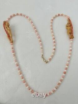 Amazing Retro Angel Skin Coral, Carved Monkey 14k Gold Clasp Necklace 31 Long