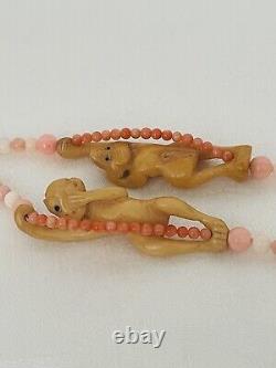 Amazing Retro Angel Skin Coral, Carved Monkey 14k Gold Clasp Necklace 31 Long