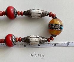 Amber Amethyst Lapis Coral Shell? Turquoise Bead Inlay Etched Silver Necklace