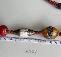 Amber Amethyst Lapis Coral Shell? Turquoise Bead Inlay Etched Silver Necklace