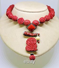 Amy Kahn Russell AKR Sterling Silver Carved Cinnabar Red Coral Pendant Necklace