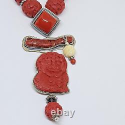 Amy Kahn Russell AKR Sterling Silver Carved Cinnabar Red Coral Pendant Necklace