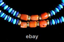 Ancient Coral beads, Lapis Lazuli, Turquoise, 22kt Gold, 925 Silver Necklace 16
