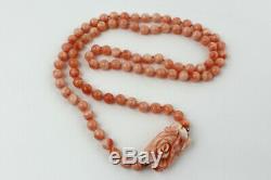 Angel Skin Coral Endless Strand Bead Necklace with Hand Carved Floral Center