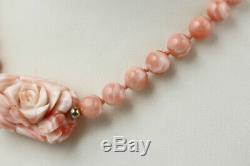 Angel Skin Coral Endless Strand Bead Necklace with Hand Carved Floral Center