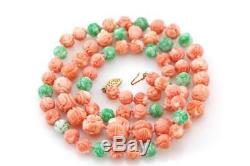 Angel Skin Coral & Jade Carved Shou Dragon Bead Set Necklace & Earrings 14K Gold
