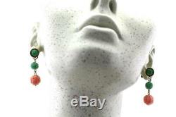Angel Skin Coral & Jade Carved Shou Dragon Bead Set Necklace & Earrings 14K Gold