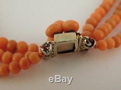 Angel Skin Natural Coral Triple Strand Necklace 10k Gold Graduated Bead Box
