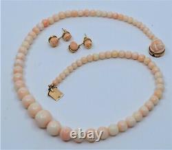 Angel Skin Pink Coral 14k gold necklace carved rose graduated beads earrings set