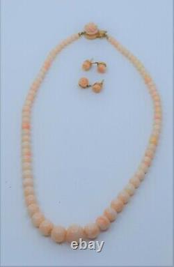 Angel Skin Pink Coral 14k gold necklace carved rose graduated beads earrings set