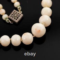 Angelskin Coral Bead Necklace White Pink Vintage Chinese Silver Filigree 10.5mm