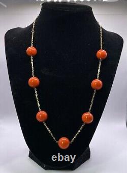 Antique 12Ct Beads Red Round Coral 20'' inch Necklace 14K Yellow Gold Over 20
