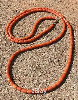 Antique 14k Gold & Natural Ox Blood Red Mediterranean Coral Bead Necklace 39