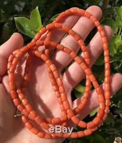 Antique 14k Gold & Natural Ox Blood Red Mediterranean Coral Bead Necklace 39
