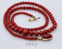 Antique 14k Gold Red Coral Graduated Beaded Necklace
