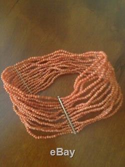 Antique 1910 14K Natural Coral Beads Choker Necklace 14 Strands, 13.5 x 2