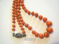 Antique 1920's Natural Dark Salmon Coral Graduated Beaded Necklace 30 Art Deco