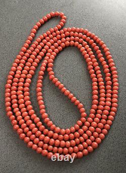 Antique 5mm Round Natural Red Mediterranean Coral Bead Opera Length Necklace 58