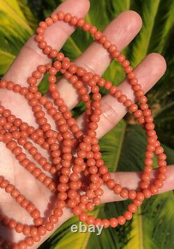 Antique 5mm Round Natural Red Mediterranean Coral Bead Opera Length Necklace 58