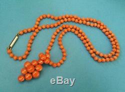 Antique 9ct Georgian c1820 Stunning Hand Carved Coral Bead Necklace Orb Pendant
