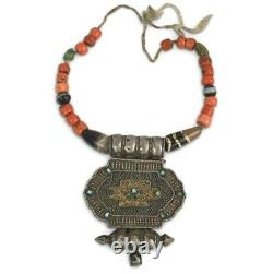Antique Ancient Tibetan Genuine Chung Dzi Coral Turquoise Bead Jewelry Necklace