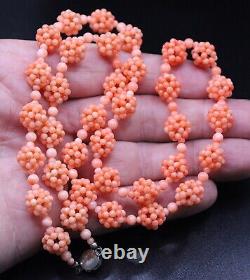 Antique Angel Skin Coral Bead Cluster Necklace with925 Sterling Clasp 24