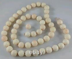 Antique Angel Skin Coral Necklace Beads Lot 11-12mm Chinese Carved Floral 54 PC