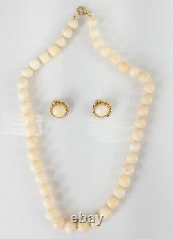 Antique Angel Skin Pink Coral Bead Necklace and Earrings 14k Gold Clasp Mounts