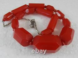Antique Art Deco Cherry Coral Red Bakelite Graduated Necklace Faceted Old Beads