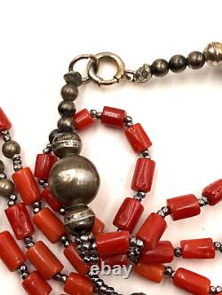 Antique Art Deco Coral Cross & 3-strand Old Branch Coral Beads Sterling Necklace