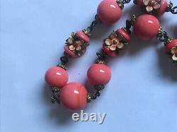 Antique Art Deco Coral Signed Czech Glass Enamel Flower Bead Necklace
