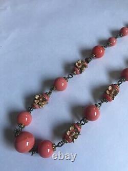 Antique Art Deco Coral Signed Czech Glass Enamel Flower Bead Necklace