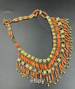 Antique Art Deco Egyptian Revival Natural Coral Faience Necklace Hand Carved