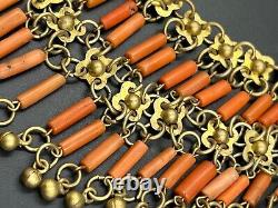 Antique Art Deco Egyptian Revival Natural Coral Faience Necklace Hand Carved