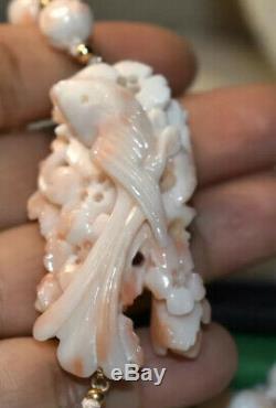 Antique Carved Bird Flowers Angel Skin Coral Bead Necklace Chinese Estate Lot