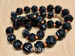 Antique Carved Cherry Amber Bakelite and Momo Coral Beads Necklace 33 Grams