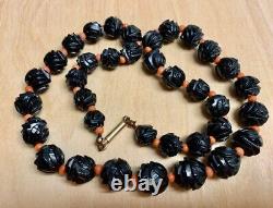 Antique Carved Cherry Amber Bakelite and Momo Coral Beads Necklace 33 Grams