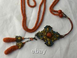 Antique Chinese 19thC Silver & Coral Seed Beads Kingfisher Court Necklace AsIs