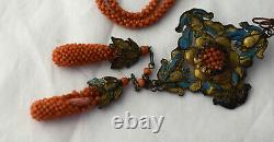 Antique Chinese 19thC Silver & Coral Seed Beads Kingfisher Court Necklace AsIs