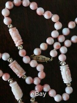 Antique Chinese Beads & Carved Angel Pink Coral 14K Gold Necklace 38.73 grams