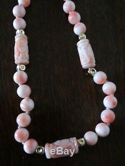 Antique Chinese Beads & Carved Angel Pink Coral 14K Gold Necklace 38.73 grams