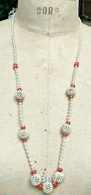 Antique Chinese Carved Necklace with Bovine bone Beads Natural Coral Beads