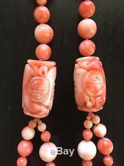 Antique Chinese Carved Pink Angel Skin Coral Shou Beaded 14K Gold Art Necklace