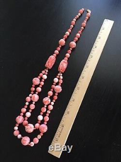 Antique Chinese Carved Pink Angel Skin Coral Shou Beaded 14K Gold Art Necklace